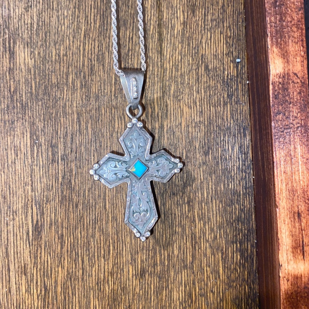 Silver Cross Pendant Necklace with Turquoise Accent